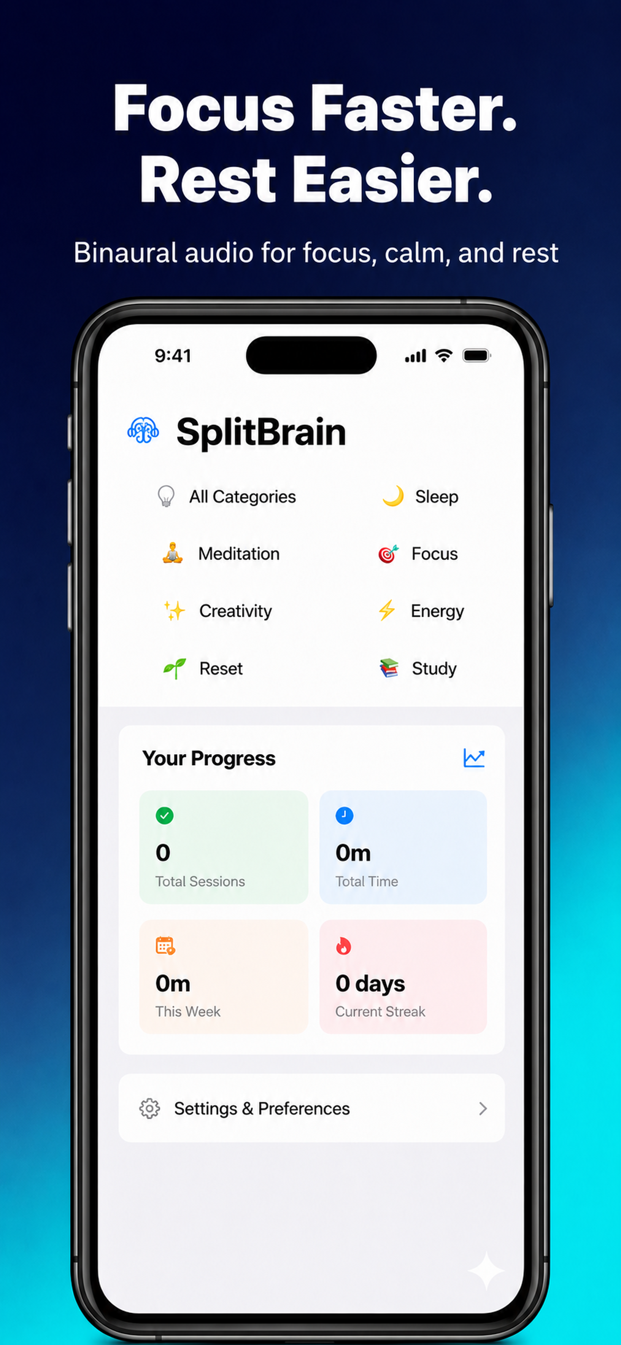 SplitBrain category screen showing focus, sleep, meditation, creativity, energy, reset, and study options