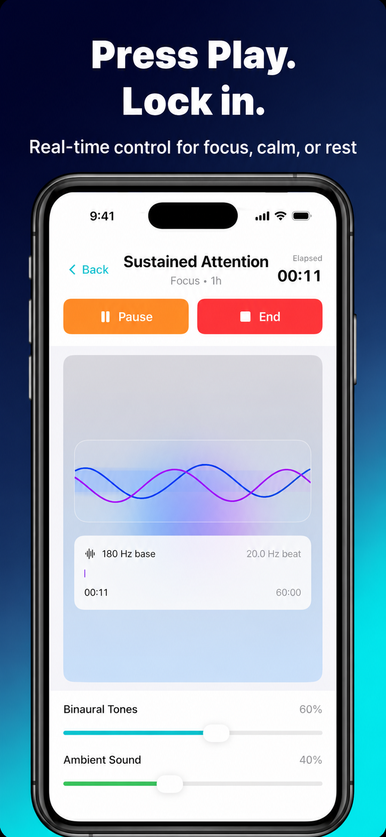 SplitBrain active playback screen with pause, end, frequency display, and audio balance controls