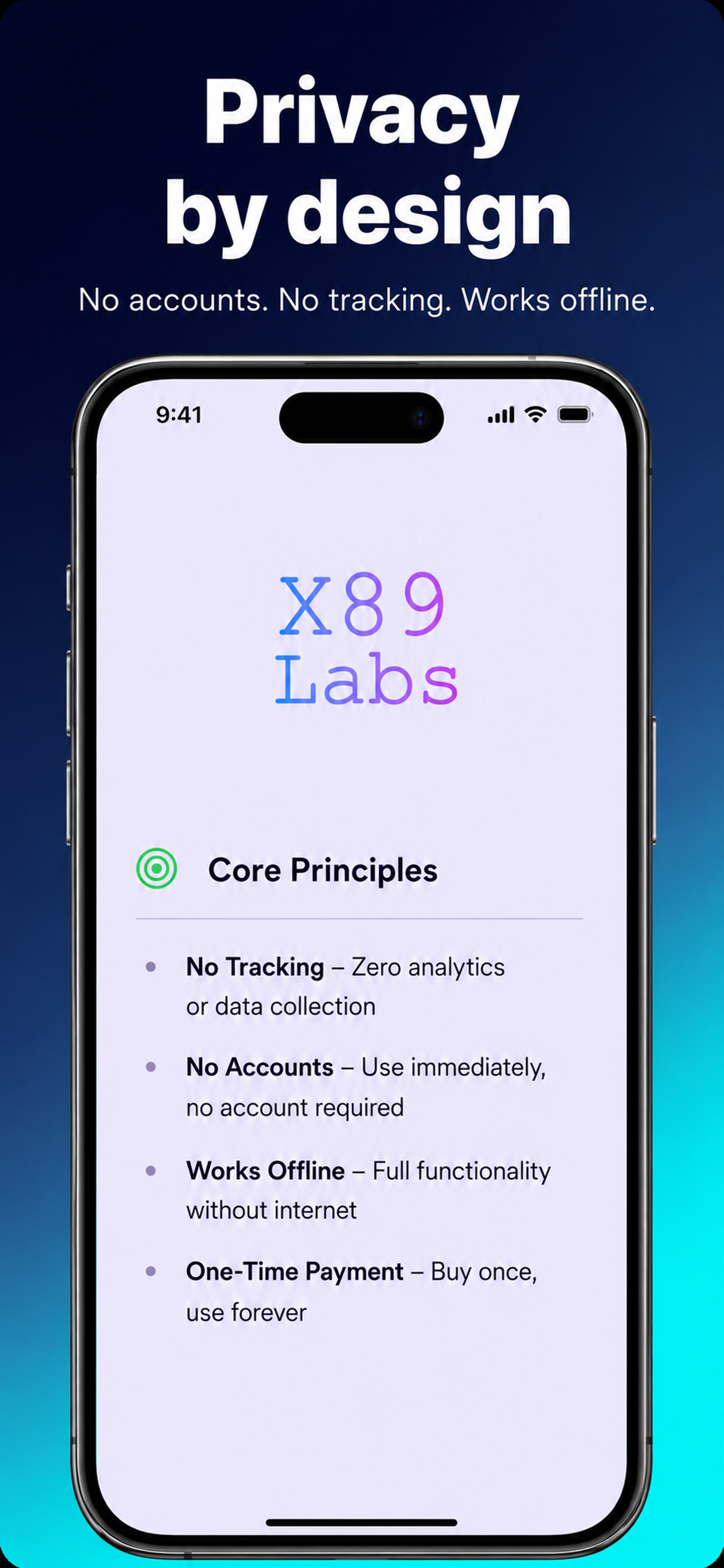 SplitBrain privacy screen stating no accounts, no tracking, works offline, and one-time payment