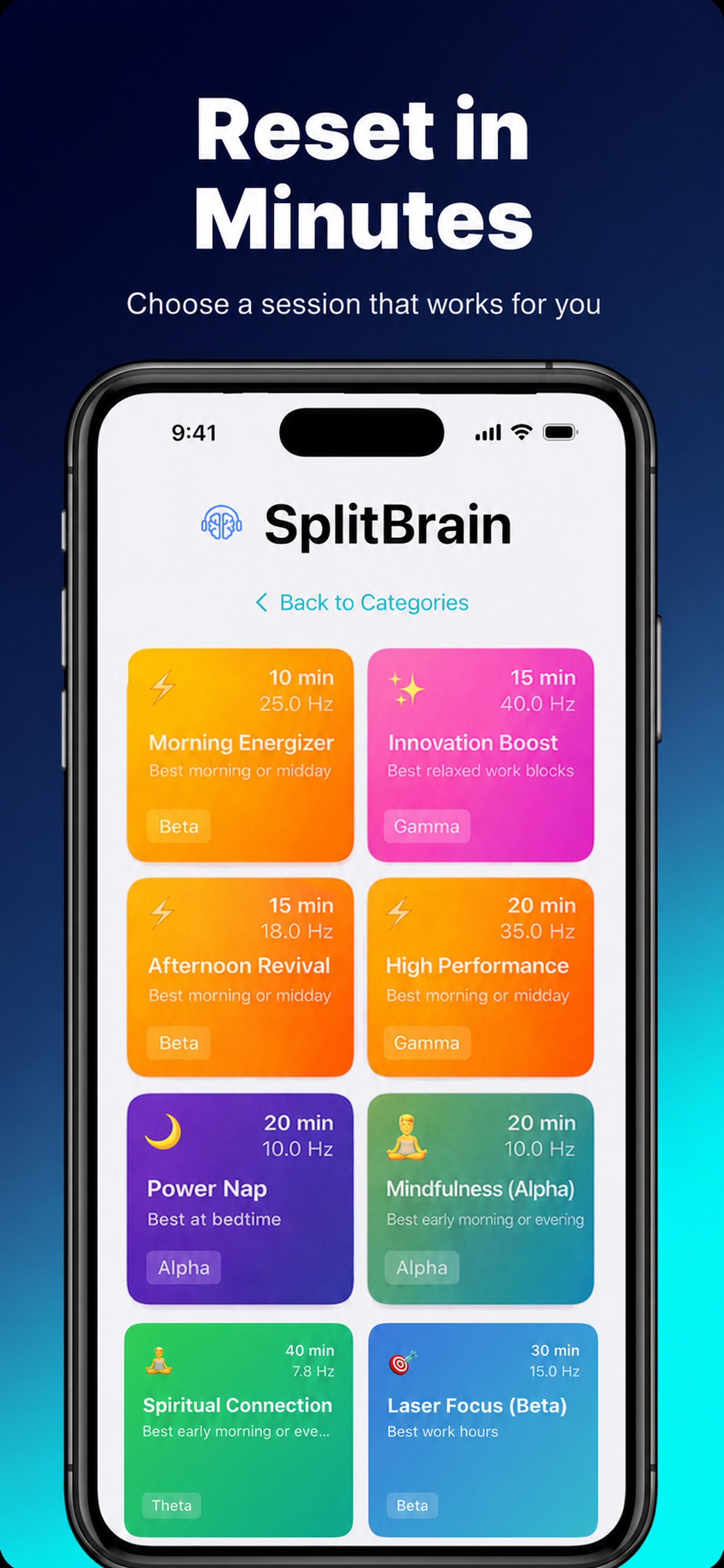 SplitBrain session selection screen showing focus, sleep, meditation, and energy presets