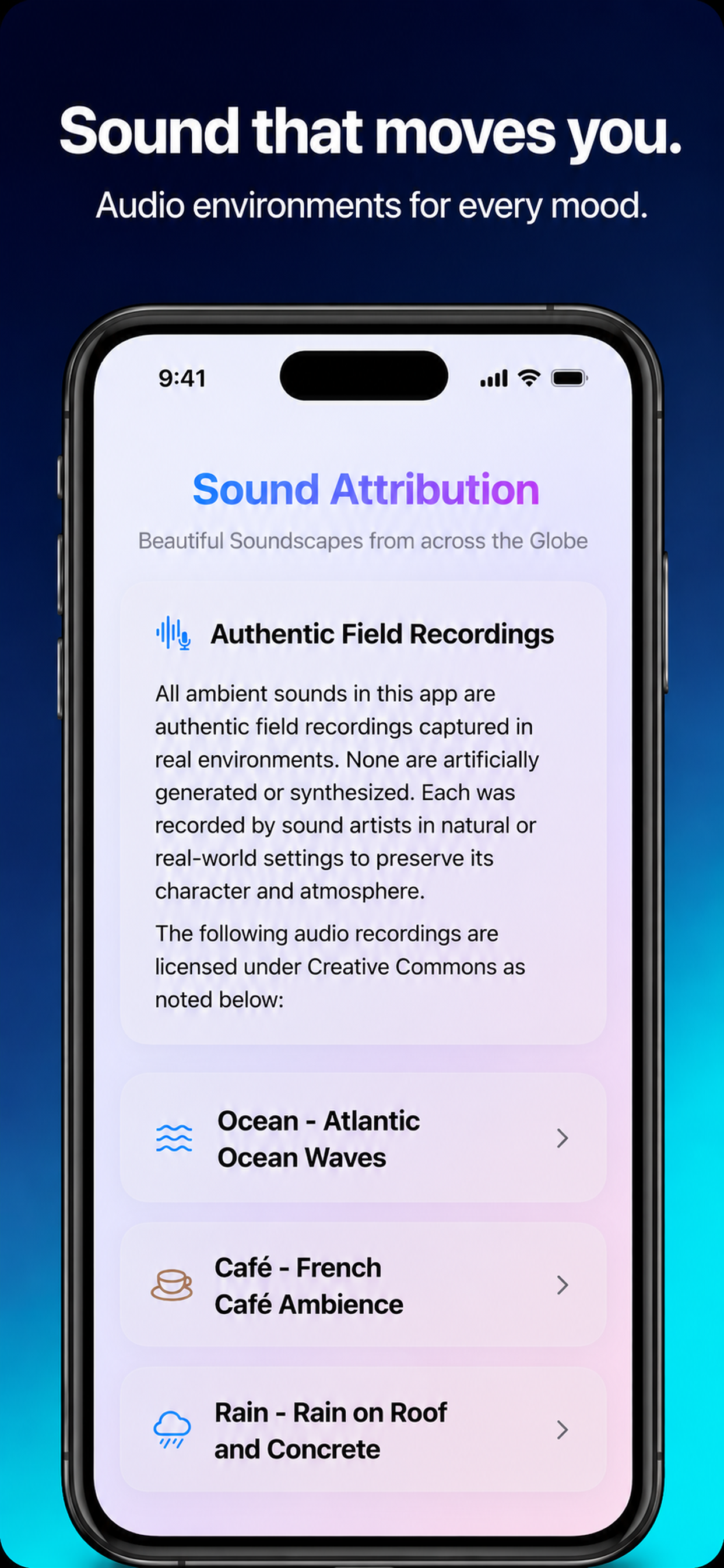 SplitBrain sound attribution screen listing authentic field recordings such as ocean, café, and rain